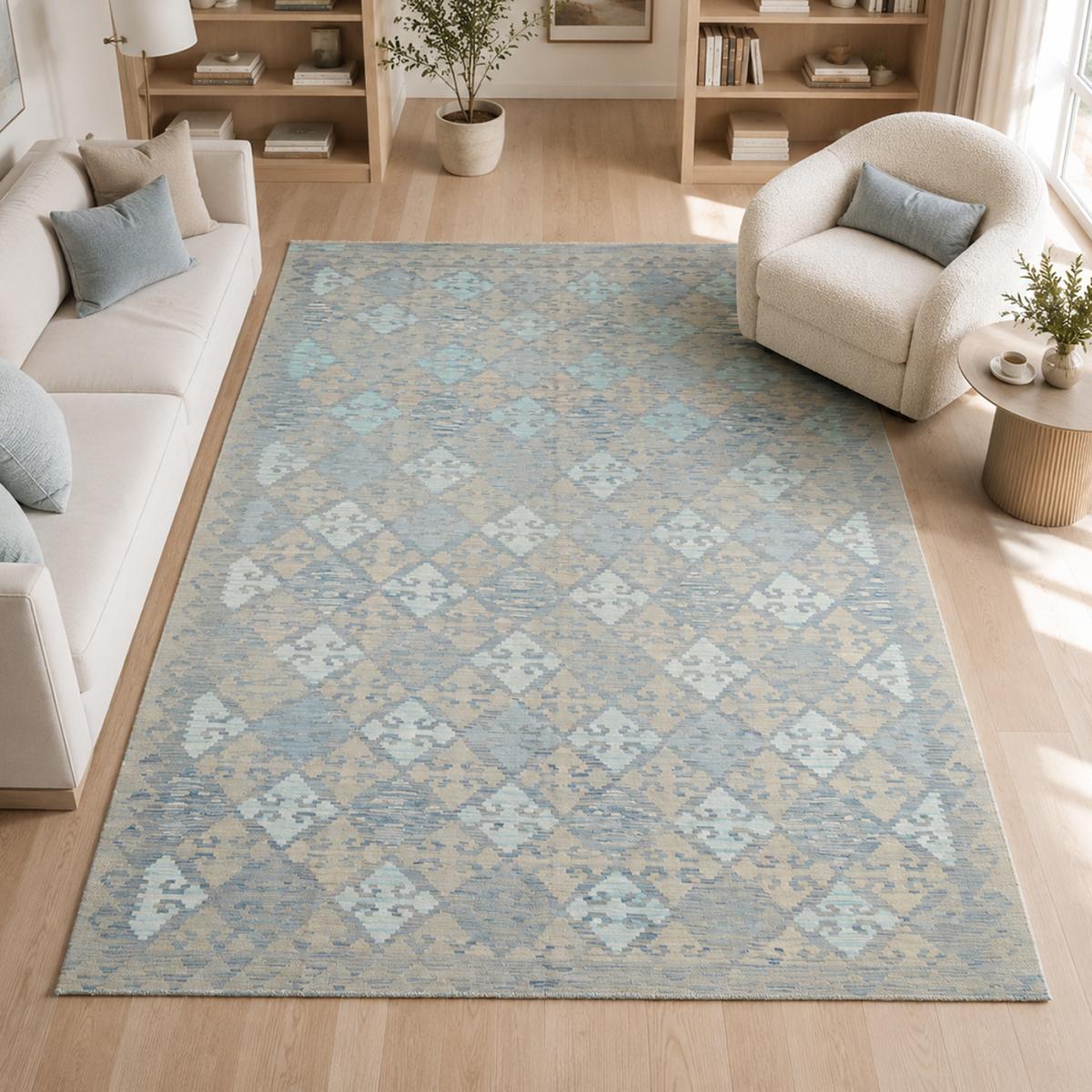 Tapis kilim au motif géométrique, tissé plat en laine, KILIM 55 bleu, beige, gris, UN AMOUR DE TAPIS