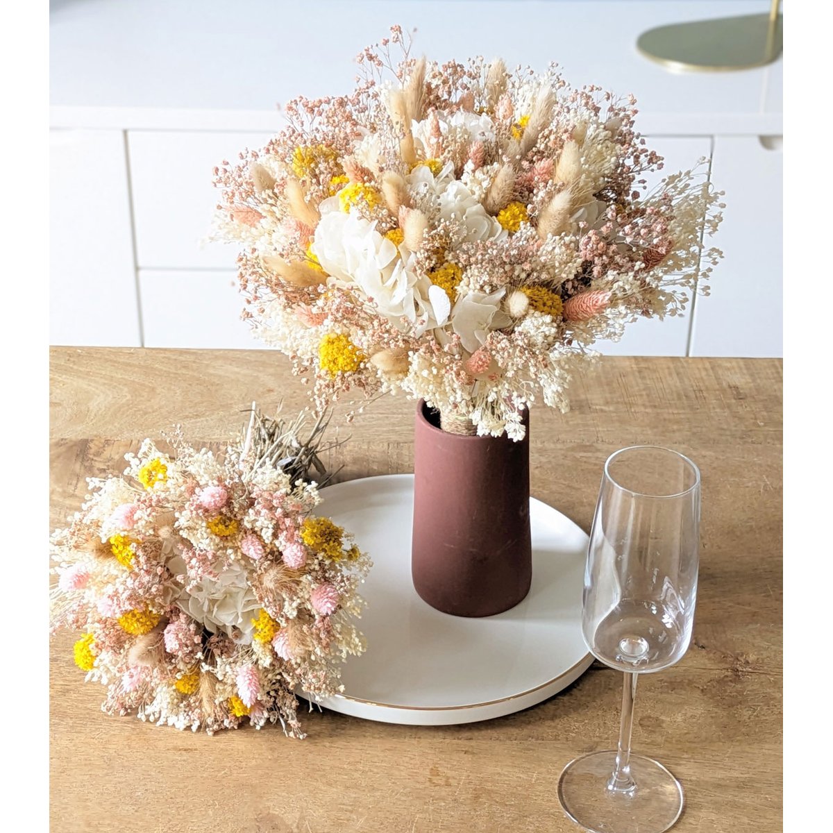 Bouquet de fleurs séchées S LUCIE rose, jaune, blanc, RECONCILIATION VEGETALE