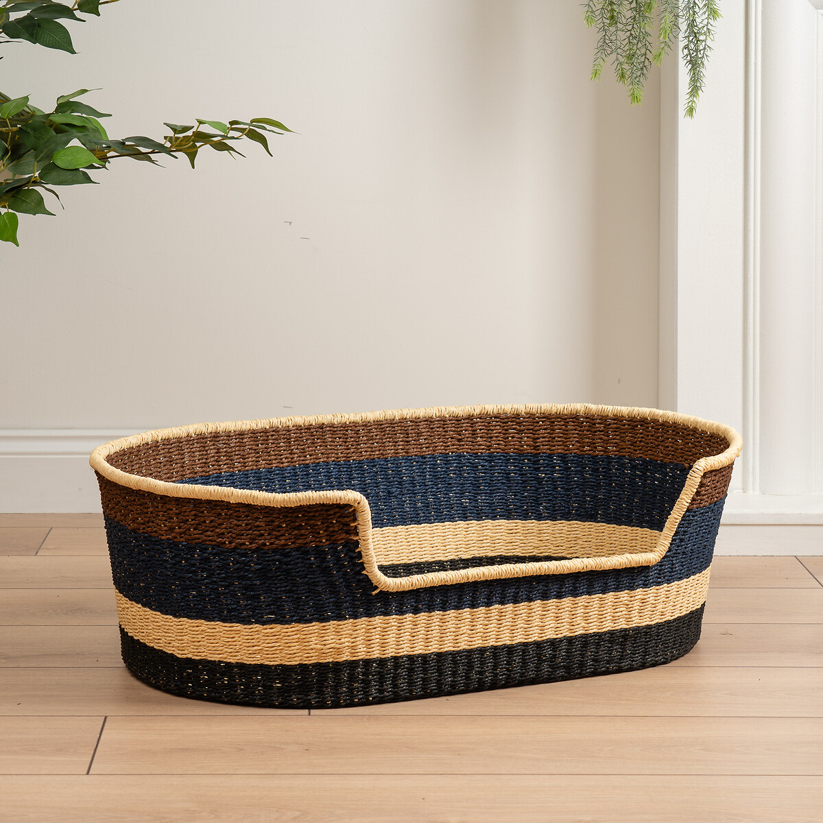 Navy and Brown Stripe Woven Pet Bed with Cushion Medium navy, SO'HOME
