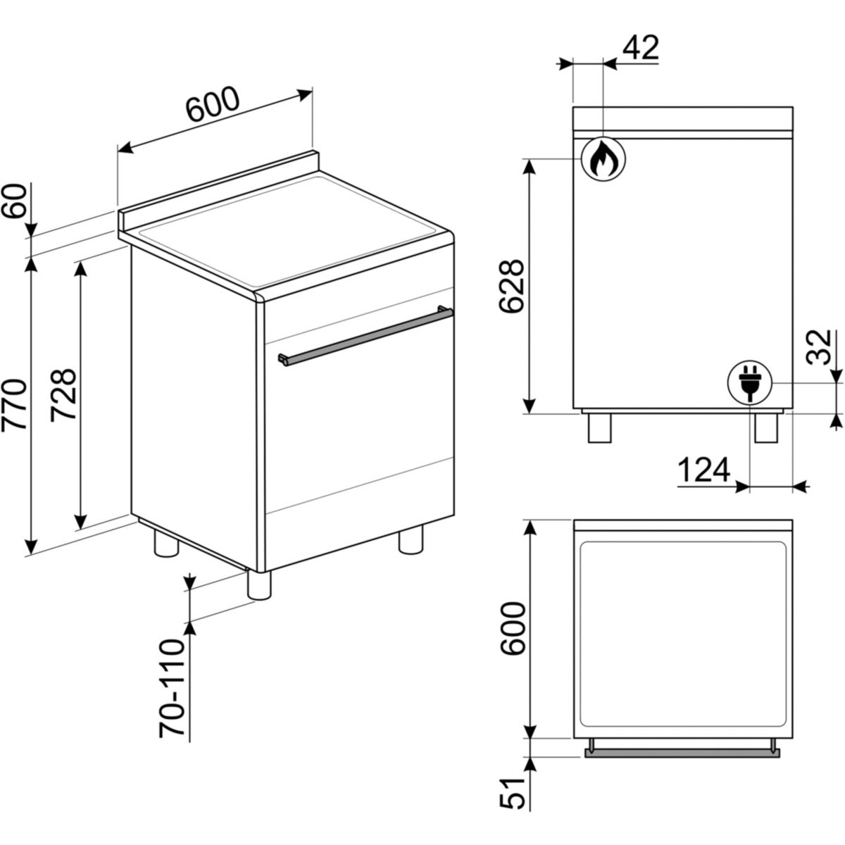 Piano de cuisson gaz 4 feux 60 cm GP61 inox satiné, SMEG