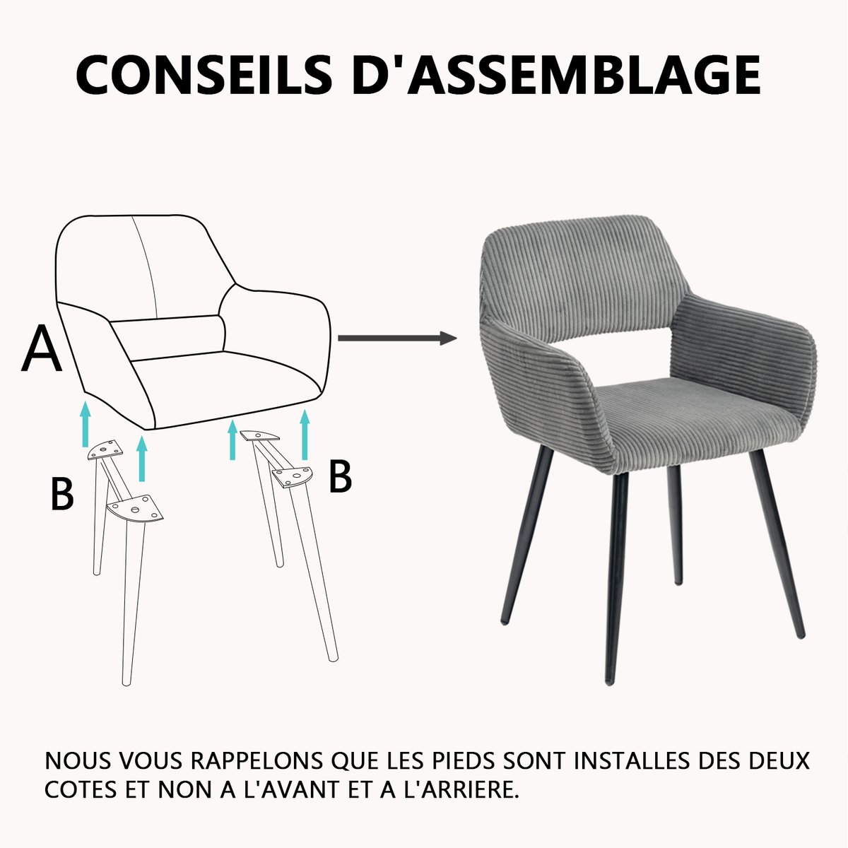 Lot de 2 chaises de salle à manger velours côtelé scandinave, CROMWELL gris, MEUBLES COSY