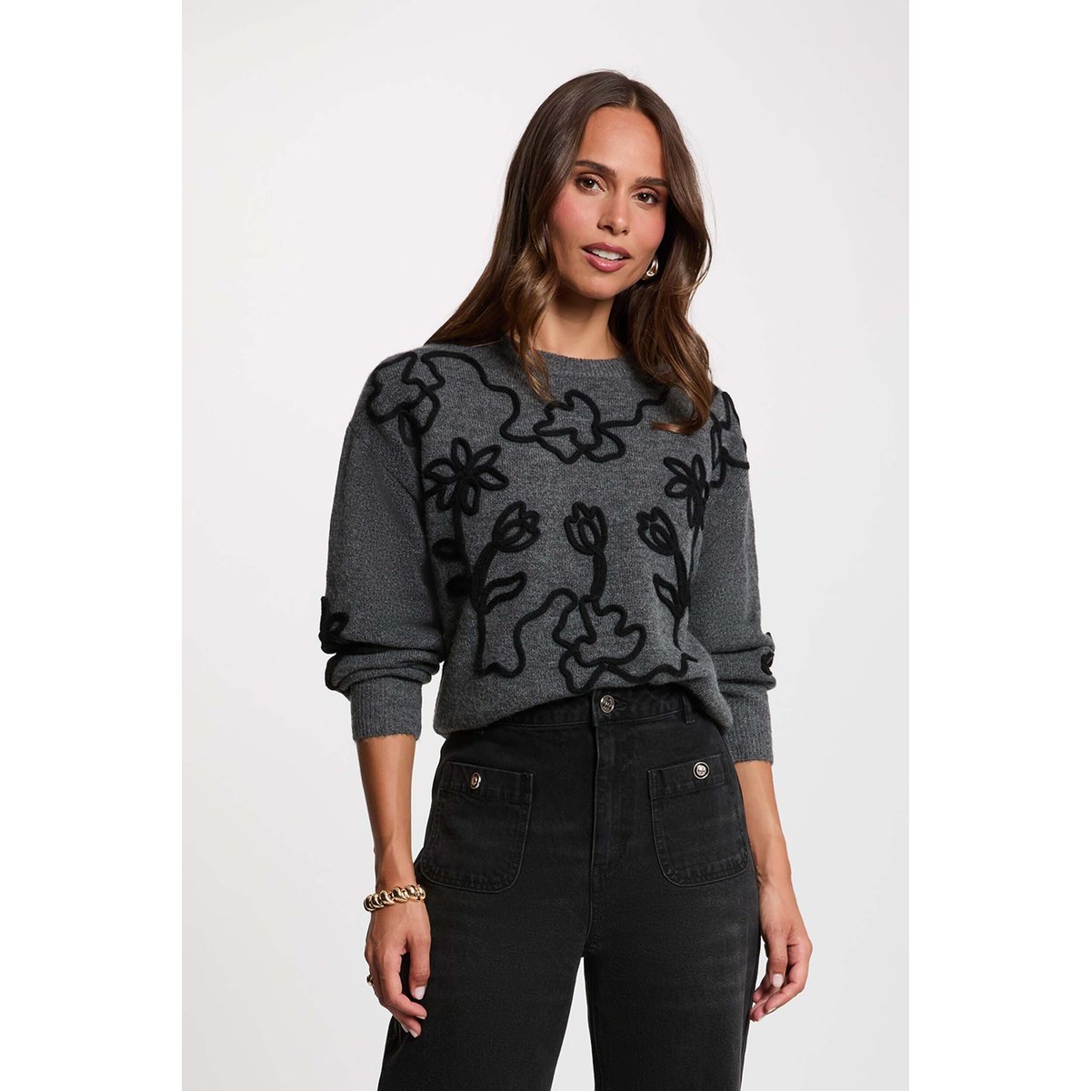 Pull col rond fantaisie gris foncé, MORGAN