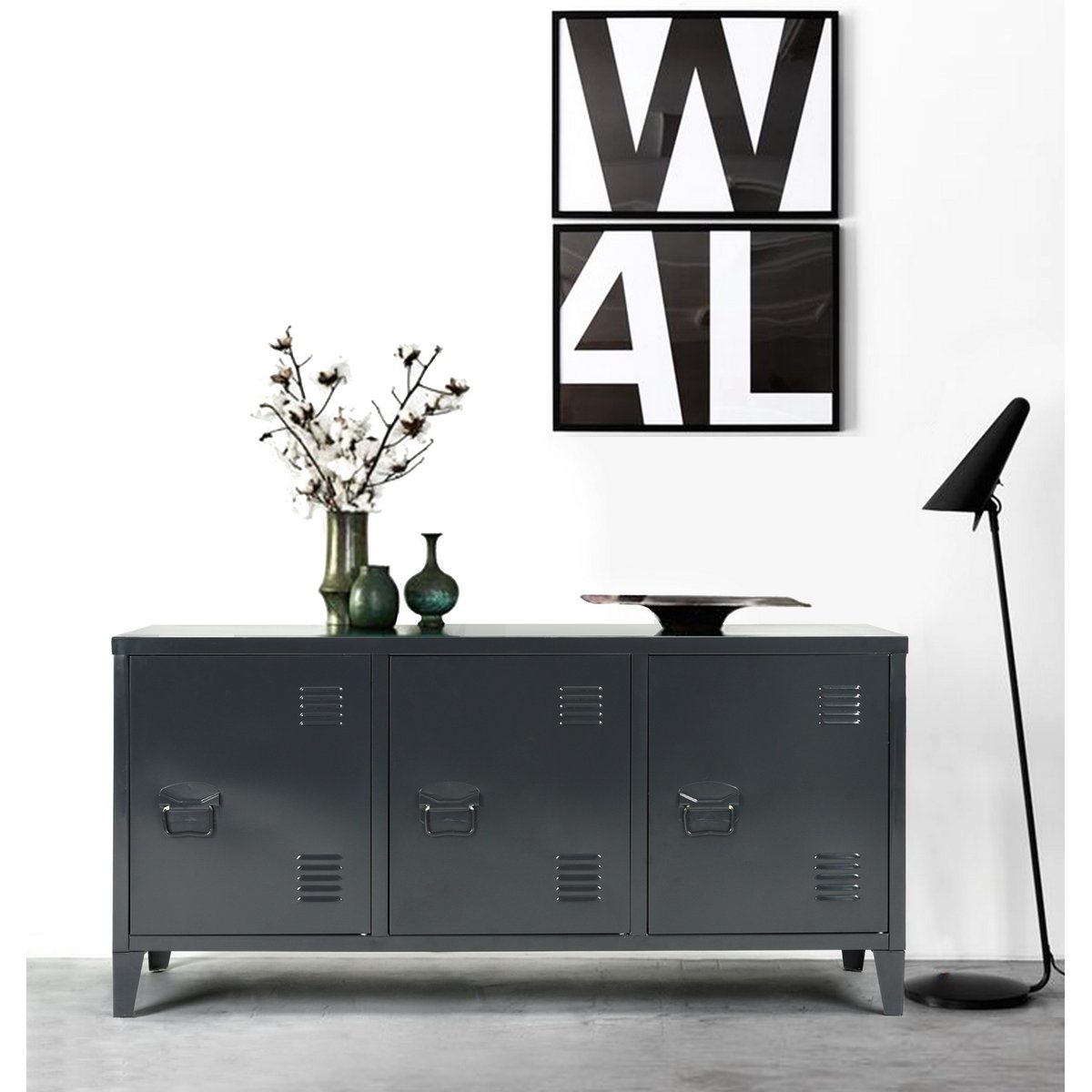 Armoire de rangement bas h58cm 3 portes 2 étagères en métal style industriel, MATAPOURI noir, MEUBLES COSY