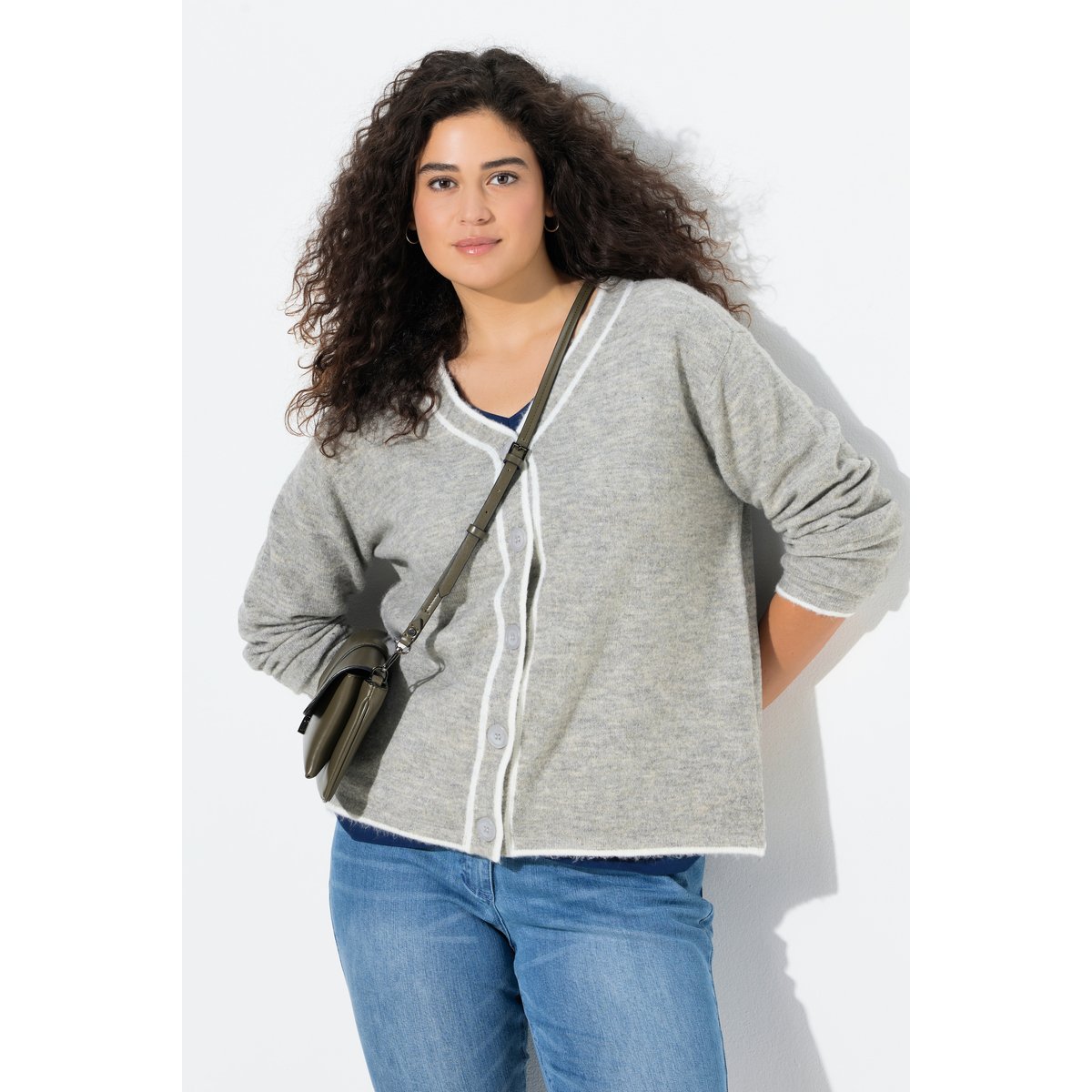 Cardigan encolure en V et manches longues gris clair chiné, ULLA POPKEN