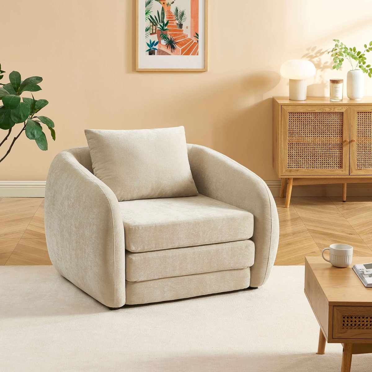 Fauteuil déplimousse tissu chenille PAZ beige, BAÏTA