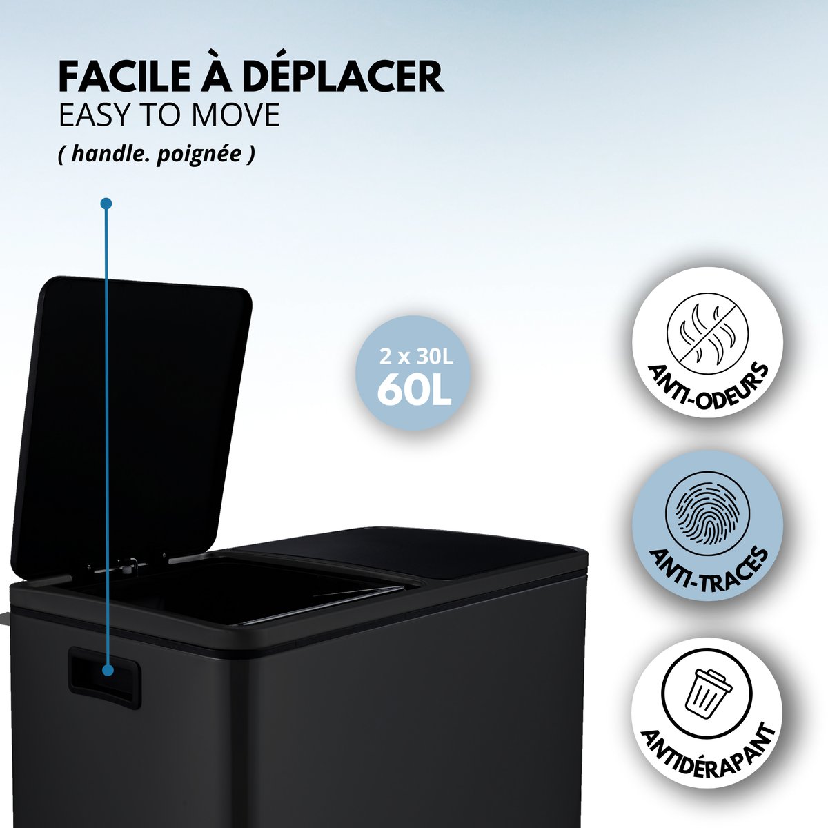 Poubelle de cuisine tri sélectif MAJOR noir mat, KITCHEN MOVE
