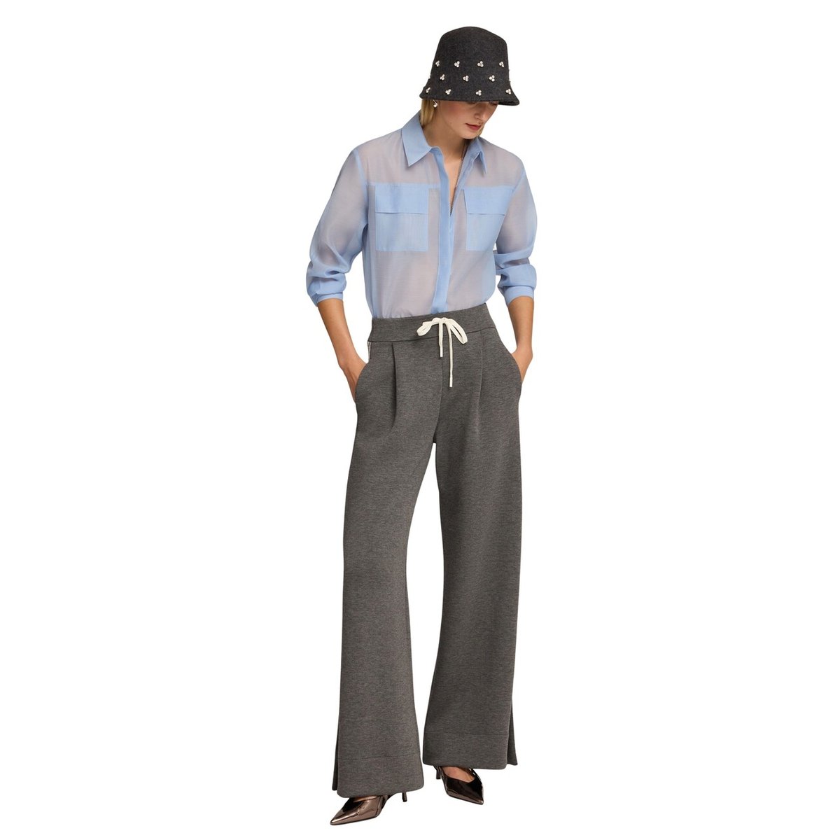 Pantalon palazzo en scuba avec bandes gris, MOTIVI