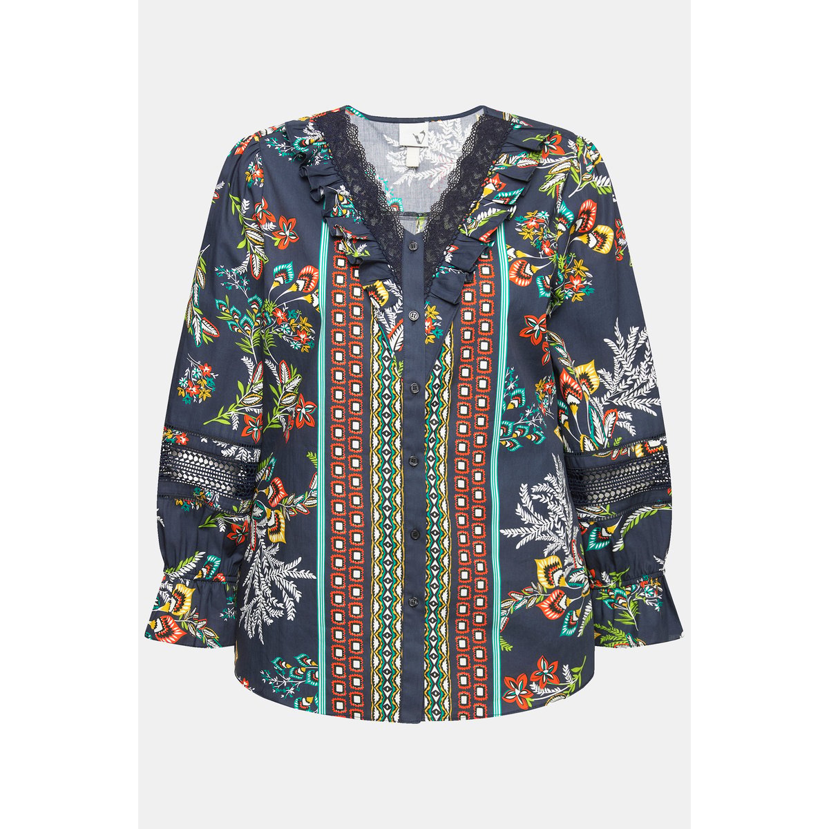 Blouse à col en V et manches longues marine, ULLA POPKEN