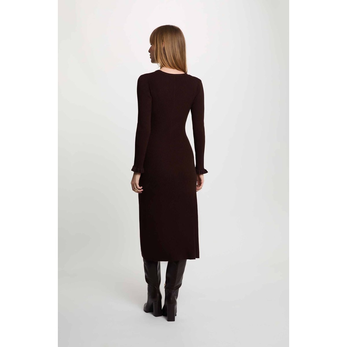Robe tricot longue col v marron foncé, MORGAN