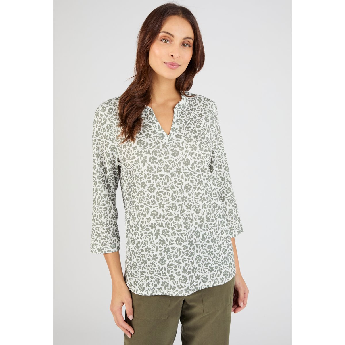 T-shirt maille texturée fleurie vert kaki petites fleurs, DAMART