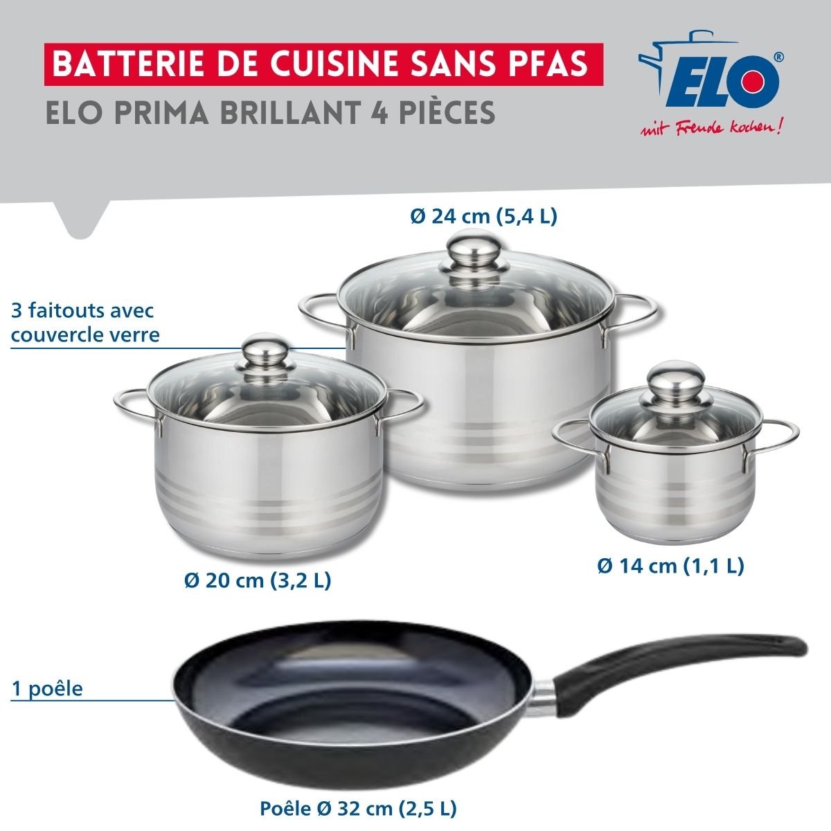 Batterie 1 poêle 32cm + 3 faitouts 14/20/24cm PRIMA BRILLANT noir, ELO