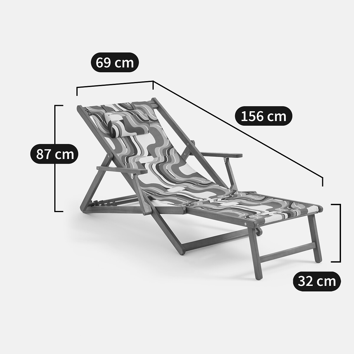 Chaise longue en acacia massif, tissu avec motif graphique, SONGE VERT vert/bleu, MAPOÉSIE X LA REDOUTE INTÉRIEURS