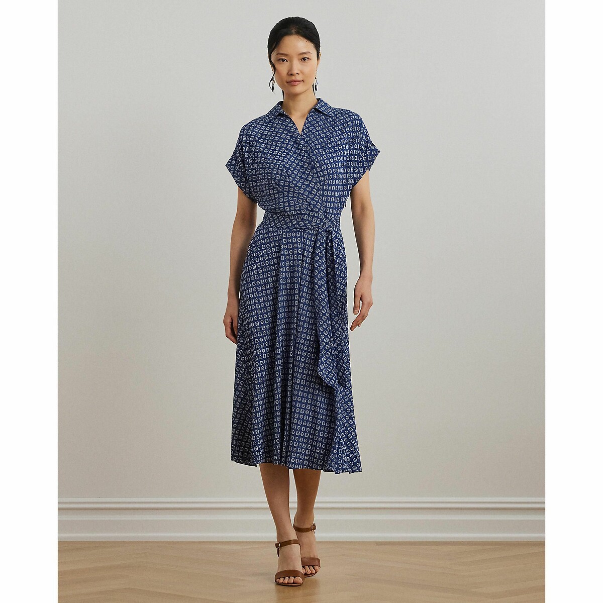 Fratillio Belted Flowing Dress with Short Sleeves blue striped/white, LAUREN RALPH LAUREN