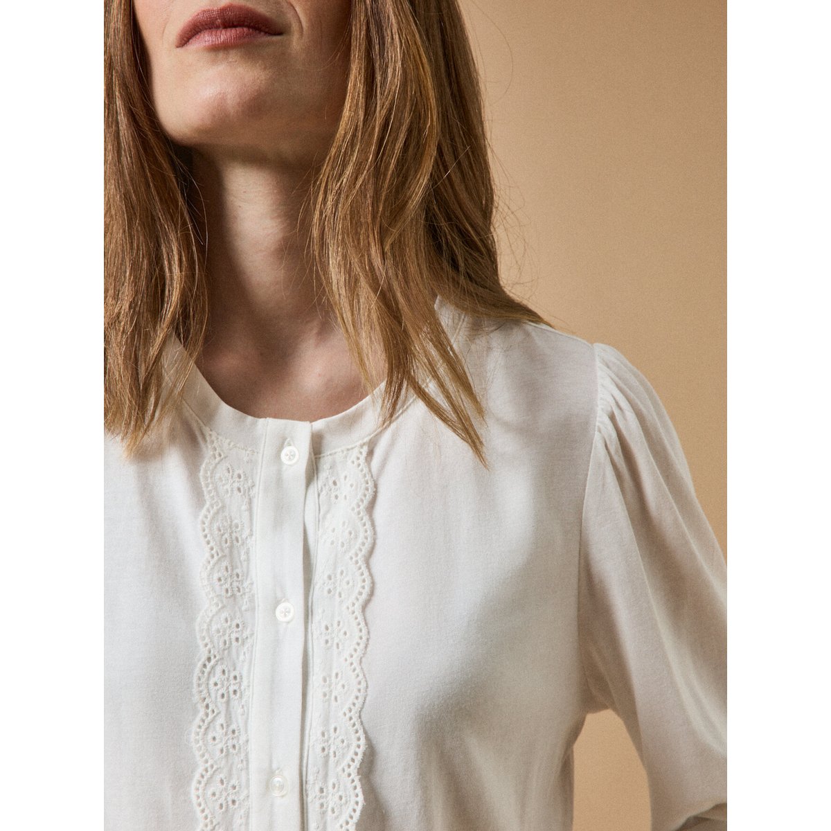 T shirt boutonné brodé modal et coton biologique blanc, CYRILLUS