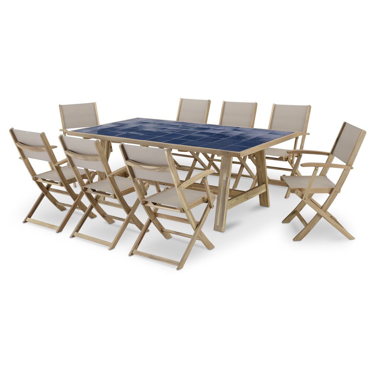 Salon de jardin, 8 chaises, BISBAL&JAVA LIGHT bleu, textilène beige, DEFORA HOME