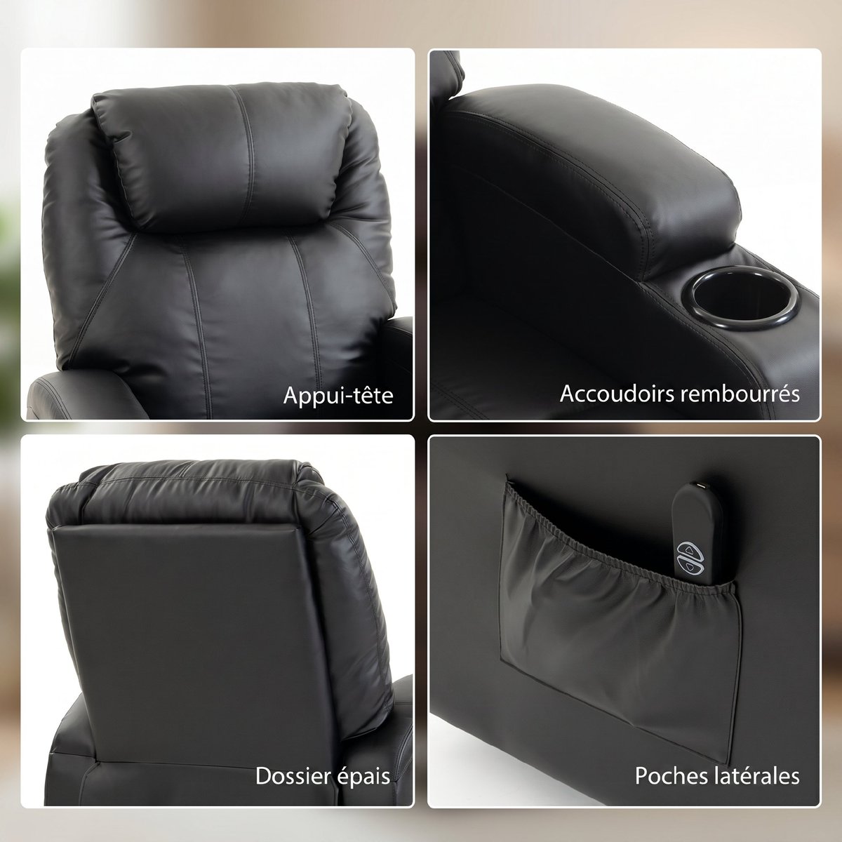 Fauteuil releveur électrique PU Noir noir, HOMCOM