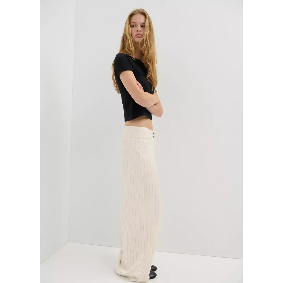 Pantalon droit fines rayures blanc cassé, MANGO TEEN