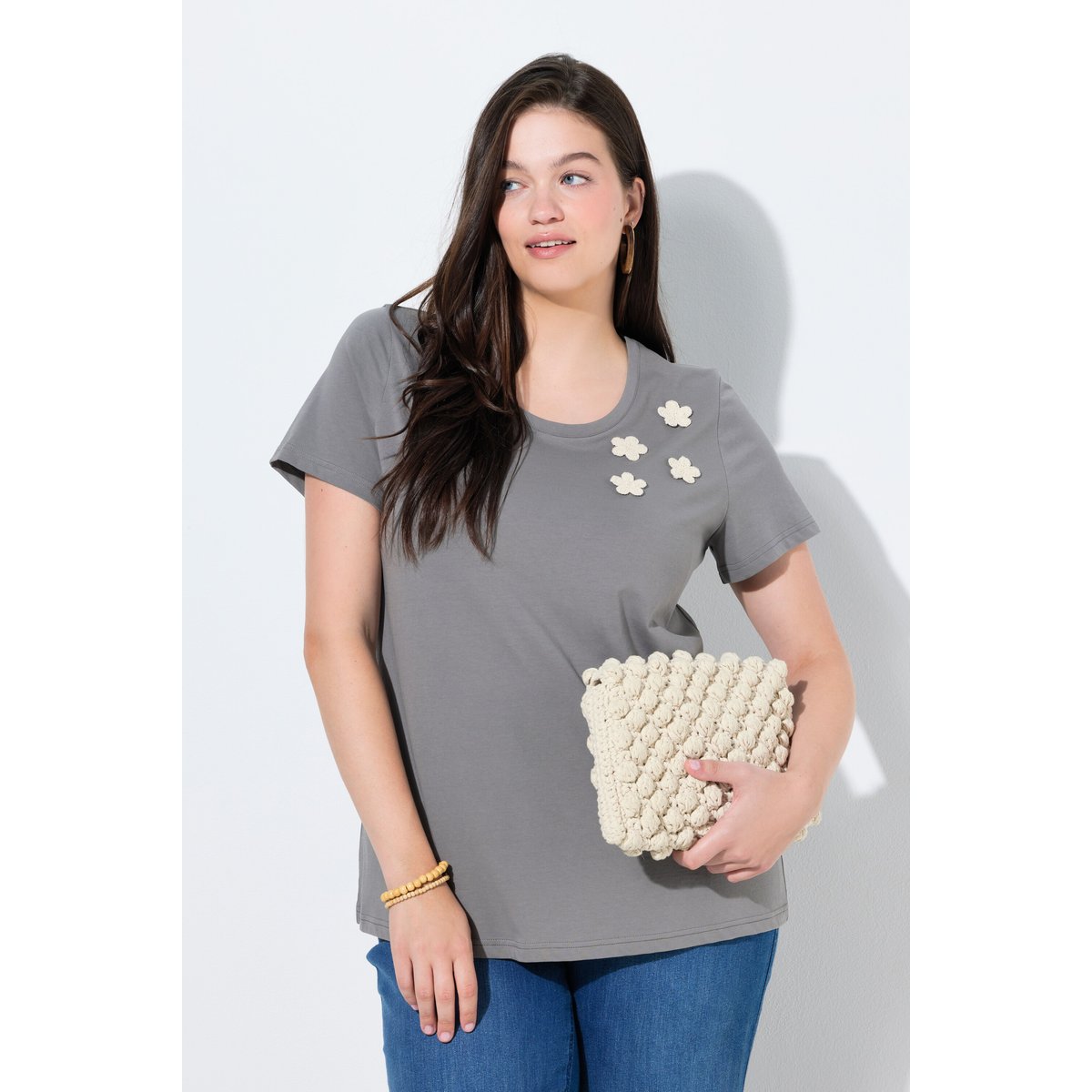 T-shirt en coton bio, fleurs en crochet gris foncé, ULLA POPKEN