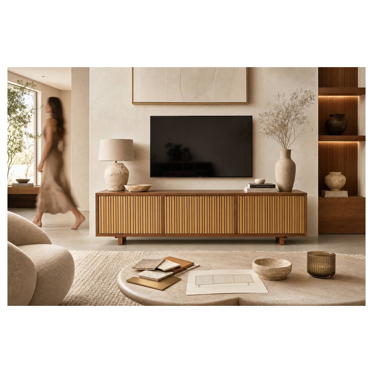 Meuble tv en bois de cèdre à façade rainurée naturel et doré, RECOLLECTION
