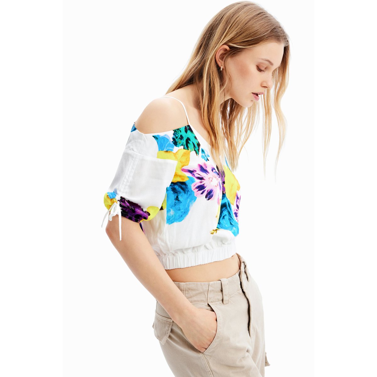 Blouse courte froncée fleurs M.Christian Lacroix blanc, DESIGUAL