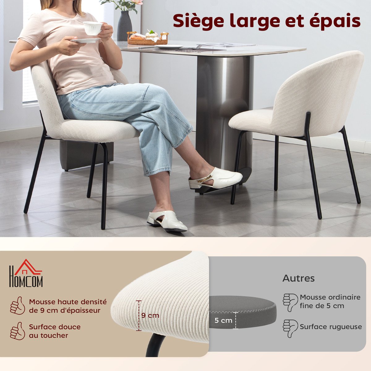 Chaise de salle à manger Velours côtelé (70 % crème, HOMCOM