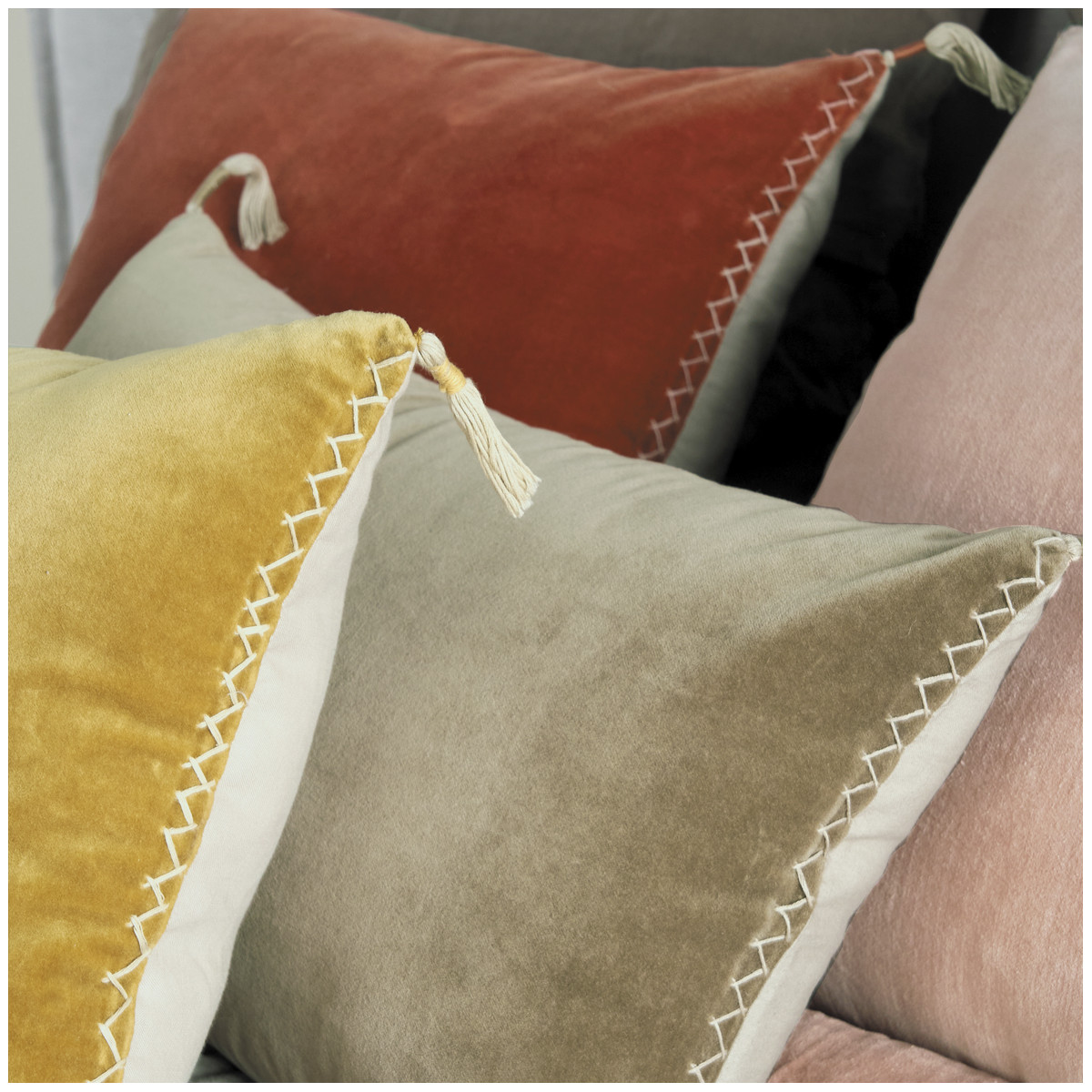 Housse de coussin en velours de coton orange brûlé, BLANC D’IVOIRE
