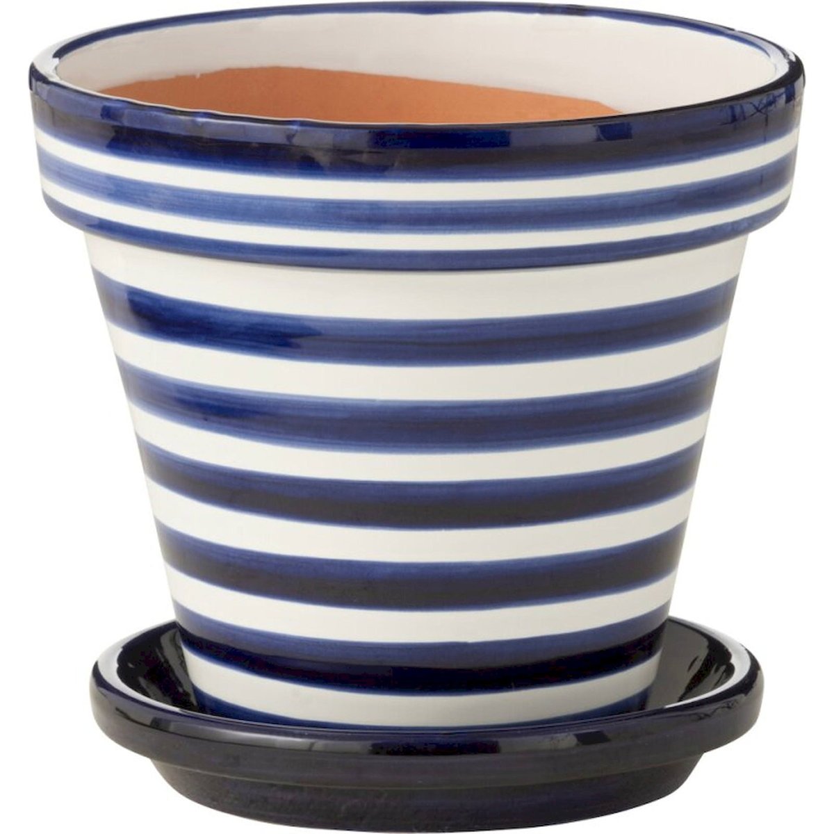 Cache-pot en poterie rayée, Fait main bleu cobalt et blanc, RECOLLECTION