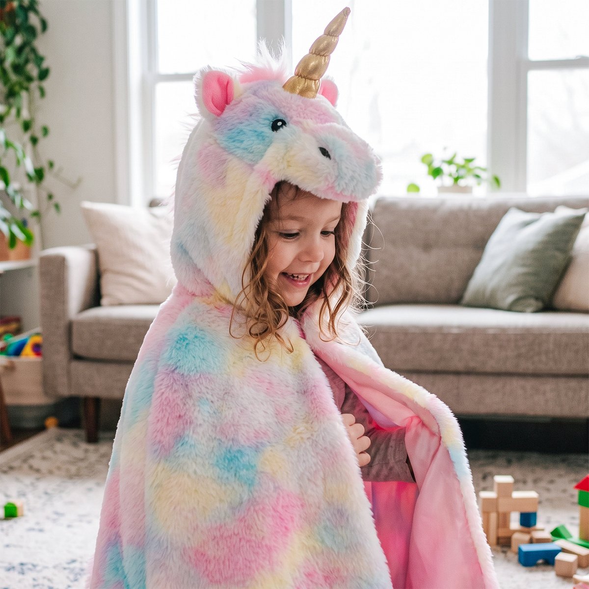 Déguisement enfant cape licorne arc en ciel super douce rose, GREAT PRETENDERS