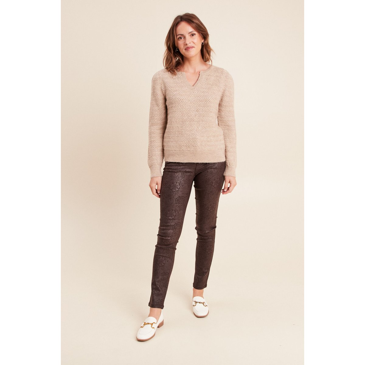 Pantalon coupe ajustée enduit marron, BREAL