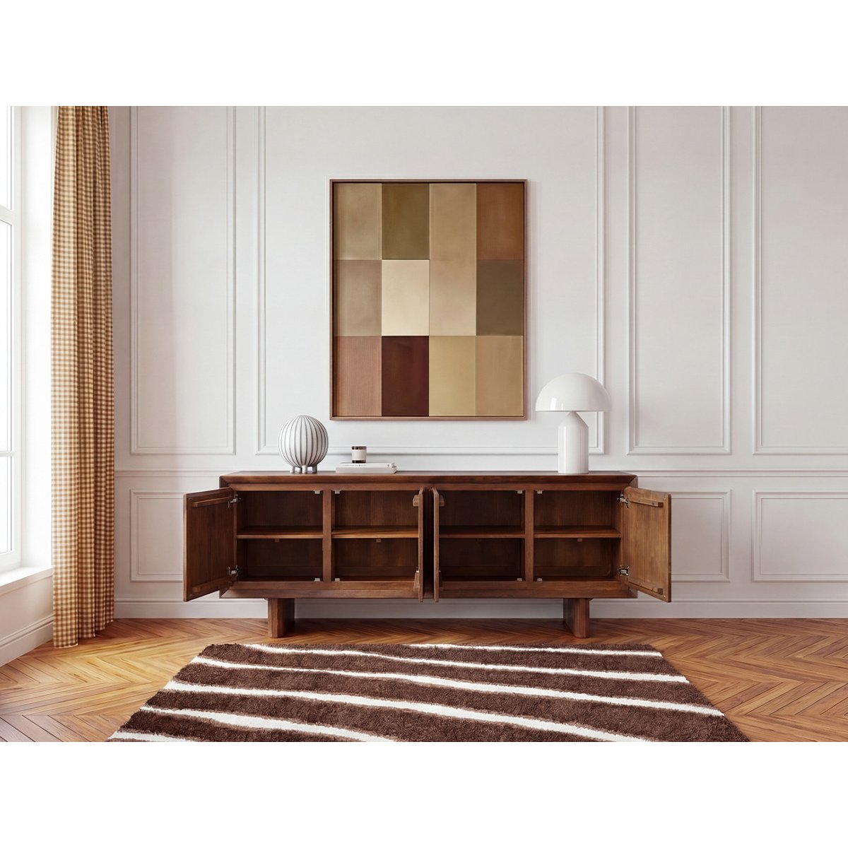Buffet bas en bois massif 4 portes 200 cm, BELLECOUR marron foncé, BOBOCHIC