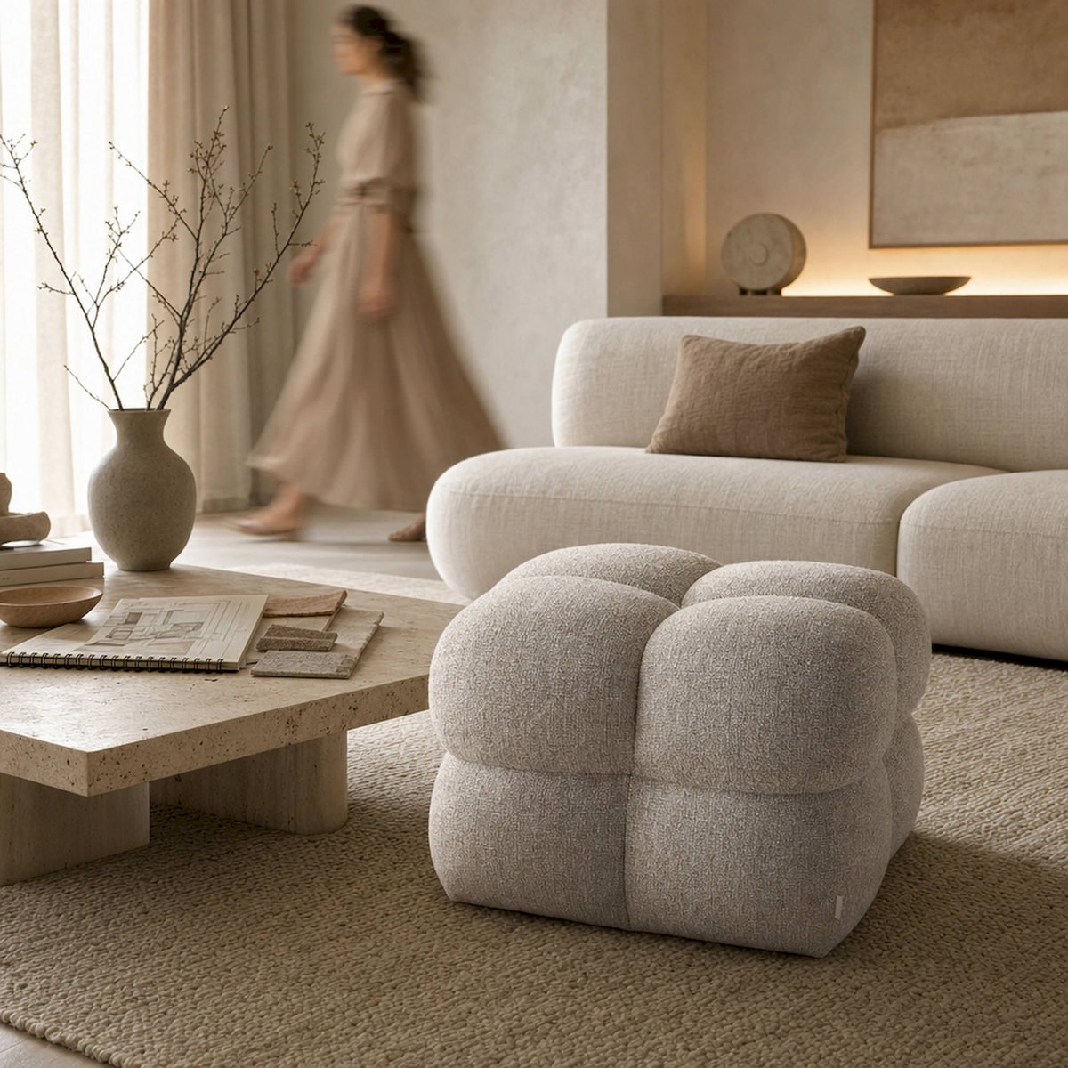 Repose-pieds contemporain beige marbré, RECOLLECTION