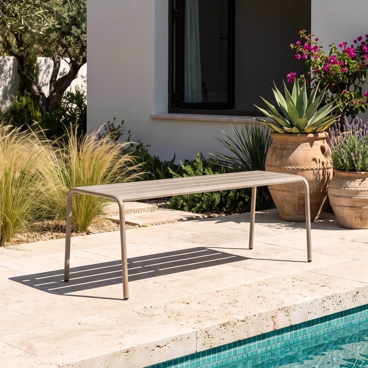 Banquette de jardin en acier thermolaqué, PALAVAS taupe, OVIALA