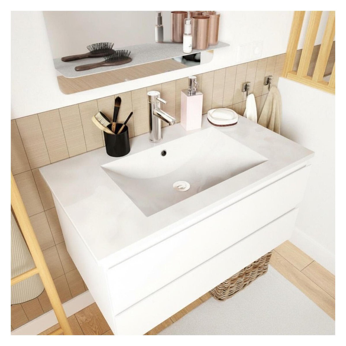 Ensemble meuble vasque 80cm avec robinet, miroir et colonne SORRENTO blanc satiné, MOB IN