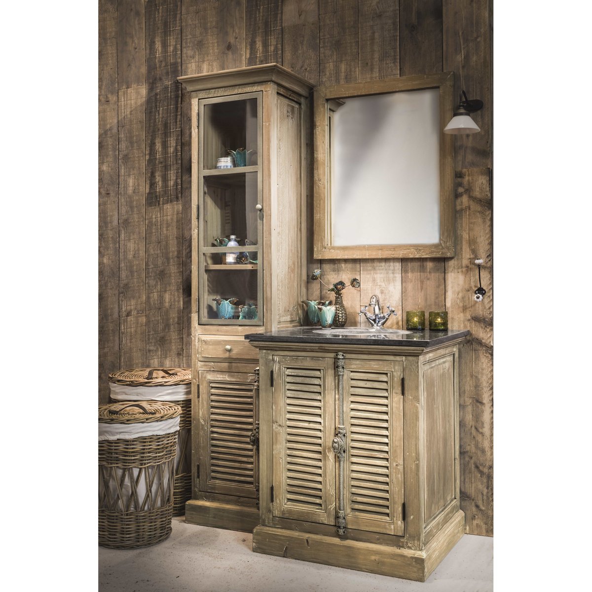 Meuble simple vasque en bois avec miroir et colonne (ensemble) - HANOÏ bois foncé, HELLIN, DEPUIS 1862