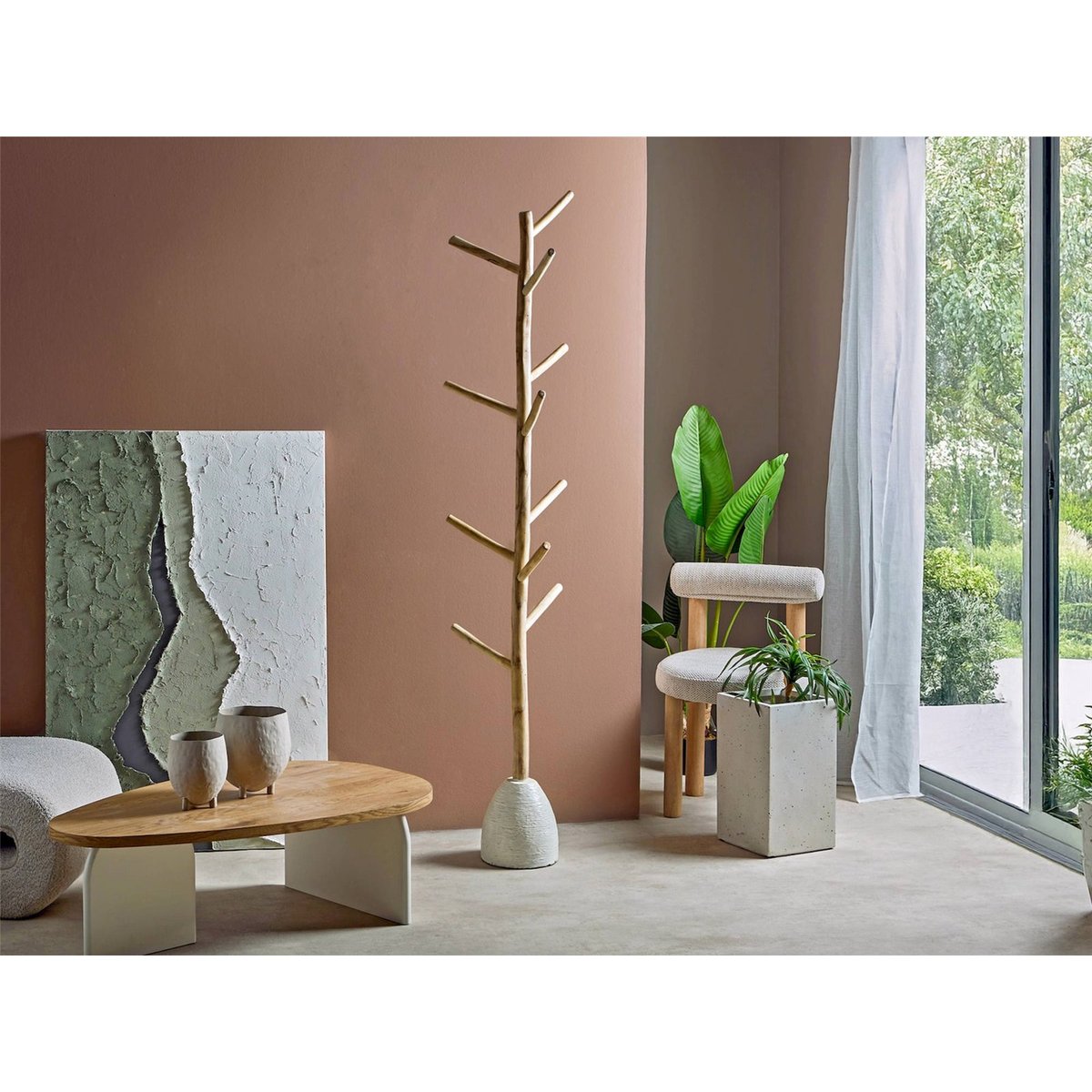 Porte-manteau en bois, forme branche bois naturel et base beige clair, RECOLLECTION