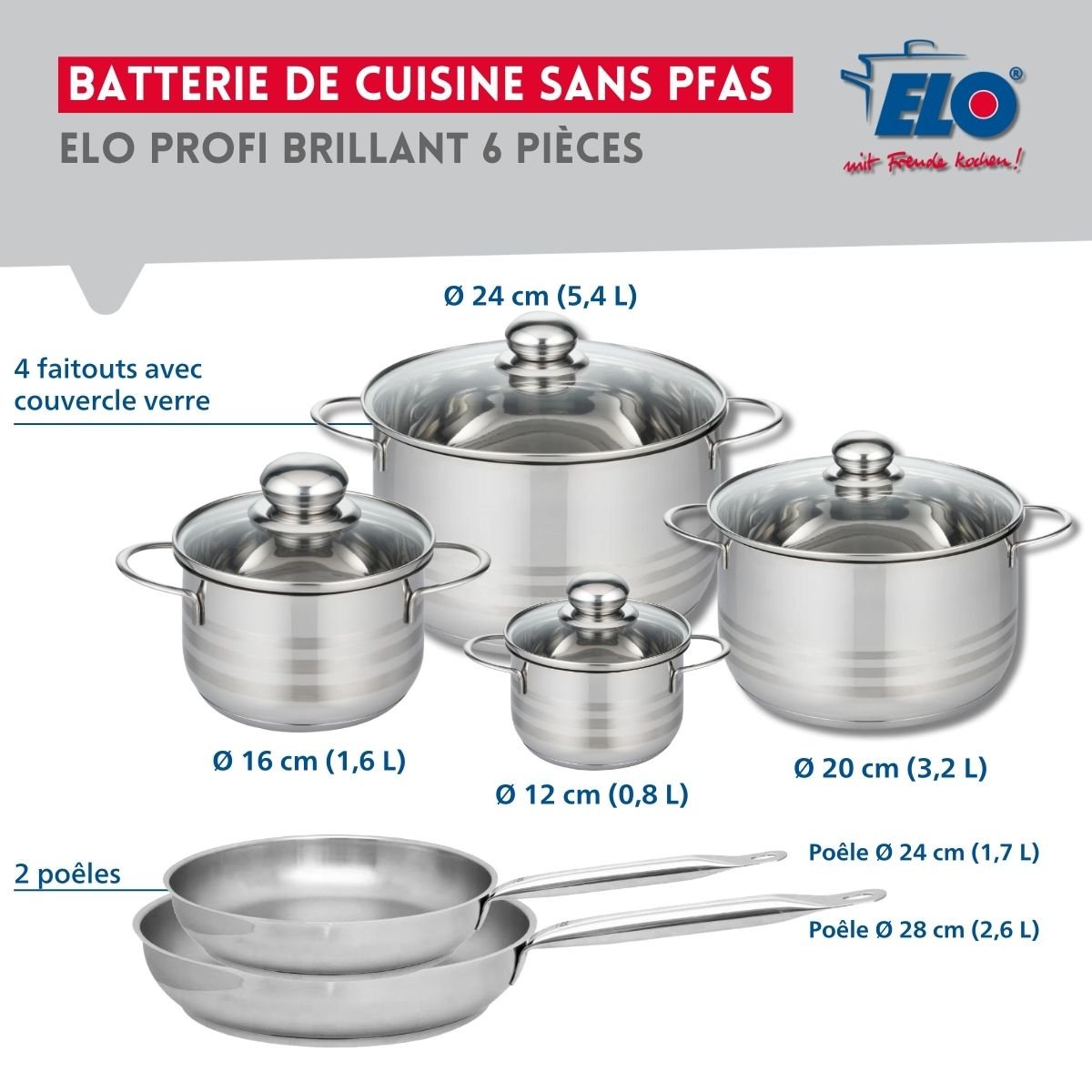 2 poêles 24/28cm + 4 faitouts 12/16/20/24cm PROFI BRILLANT gris, ELO