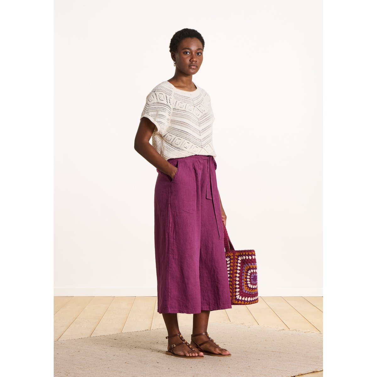 Pantalon cropped large en lin figue, LA FEE MARABOUTEE