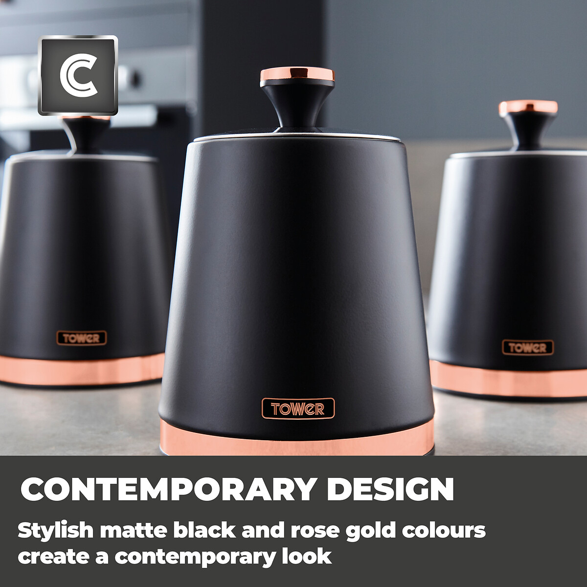 Set of 3 Cavaletto Tea Coffee Sugar Canisters black, TOWER