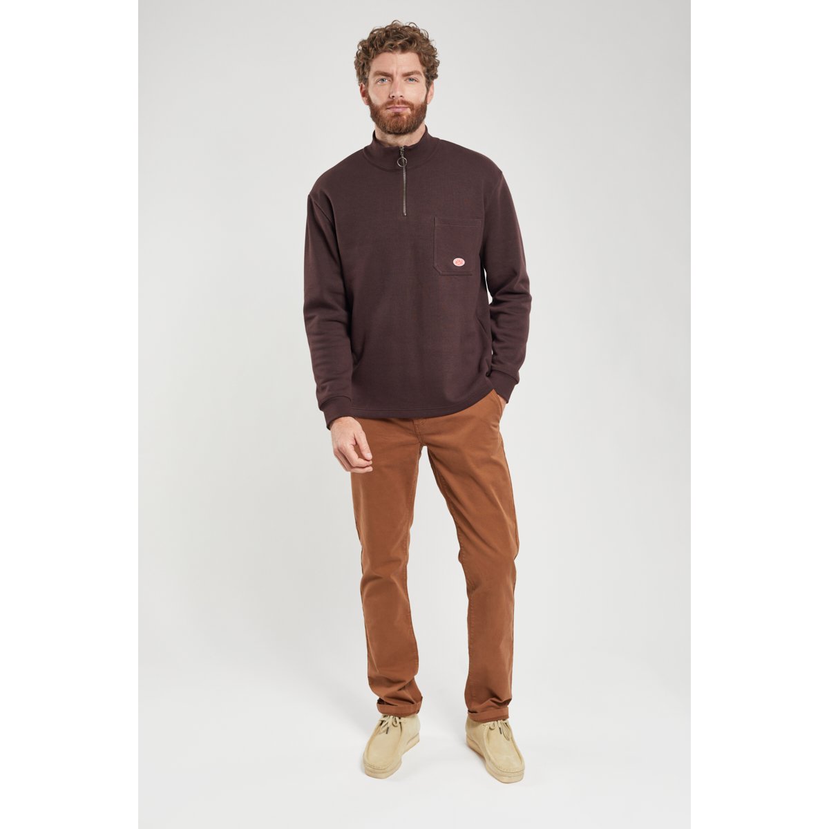 Sweat col camionneur en coton épais bio acajou foncé, ARMOR-LUX