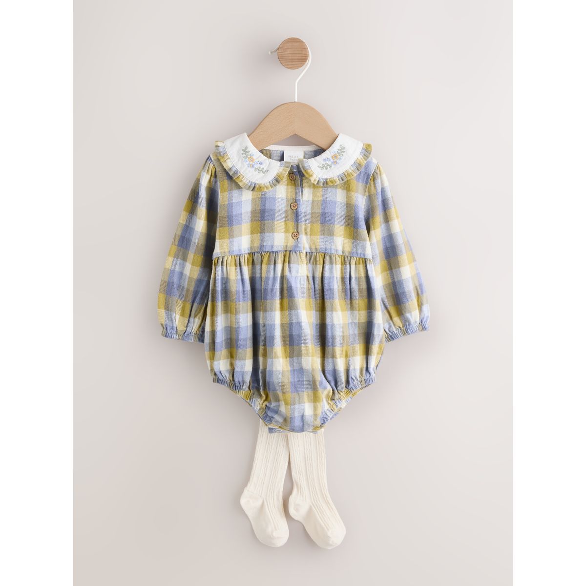 Barboteuse et collants bébé, 2 pièces vichy vert/jaune, NEXT