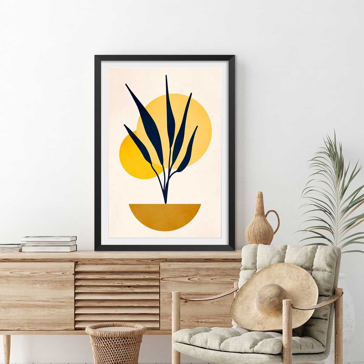 Affiche dessin ""plante cubique"" affiche + cadre en bois - noir, HEXOA