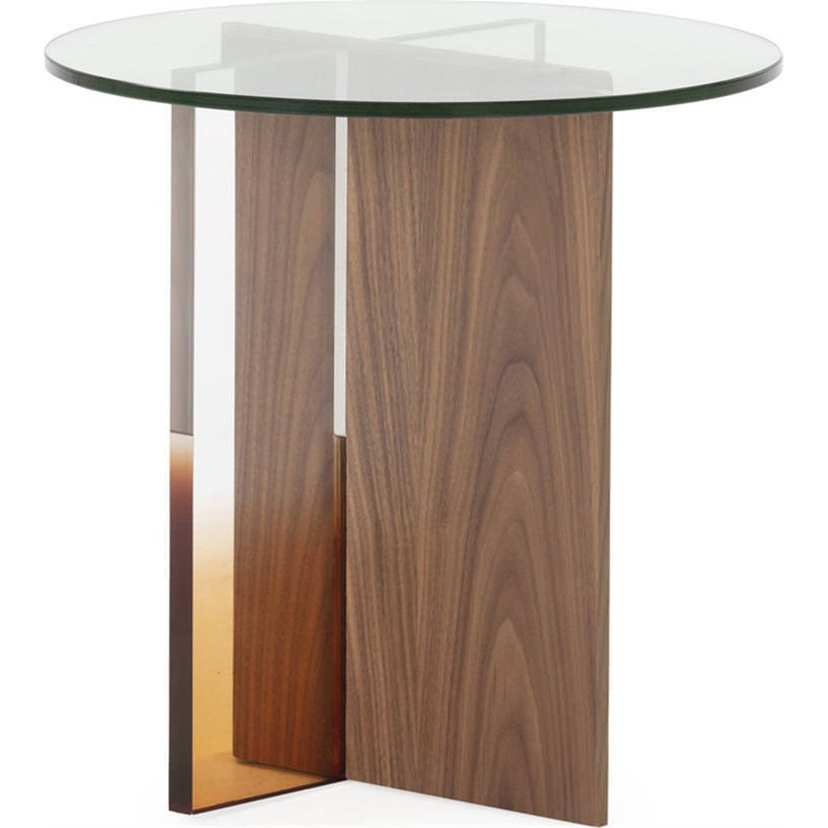Table d'appoint ronde noyer et méthacrylate noyer, transparent et ambre, RECOLLECTION