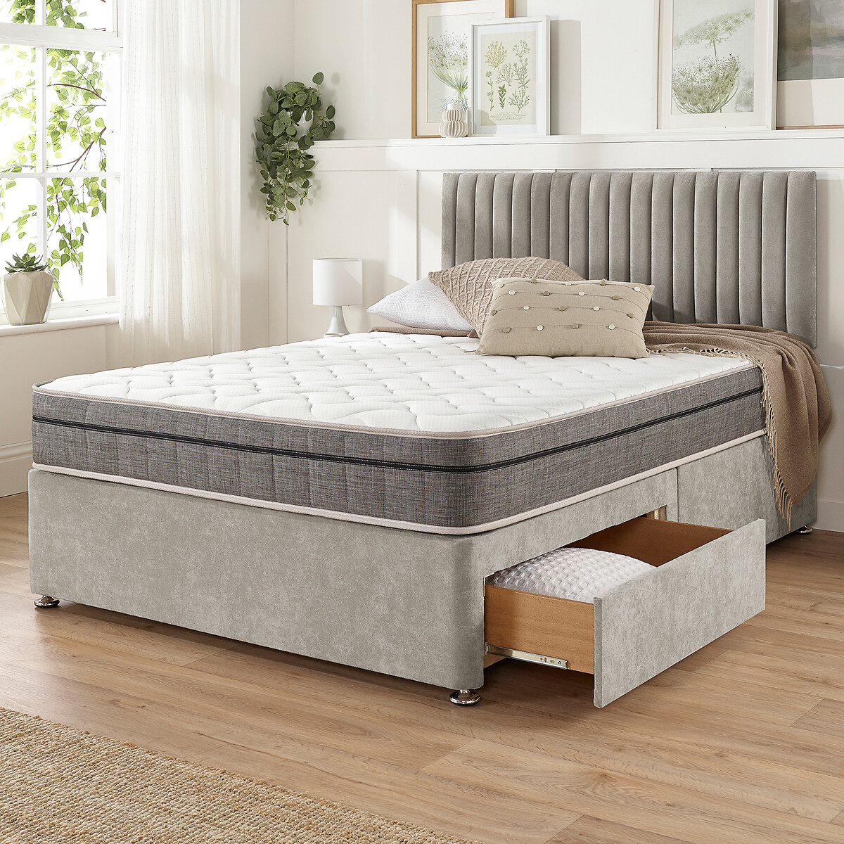 Grant Linen Divan Bed with 2 Drawers and Pocket+ Memory Mattress Set silver-coloured, ASPIRE