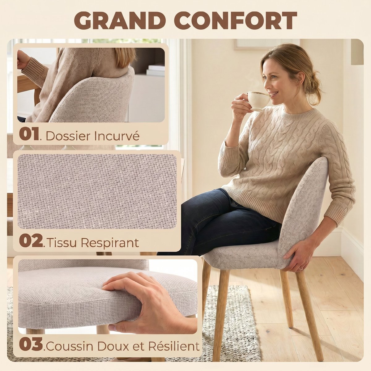 Chaise de salle à manger Lin (100 % crème, bois clair, HOMCOM