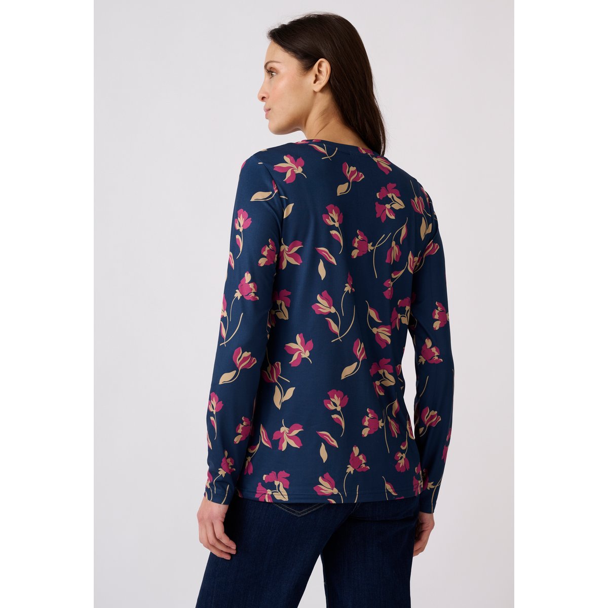 T-shirt maille chaude imprimé végétal bleu marine fleuri, DAMART