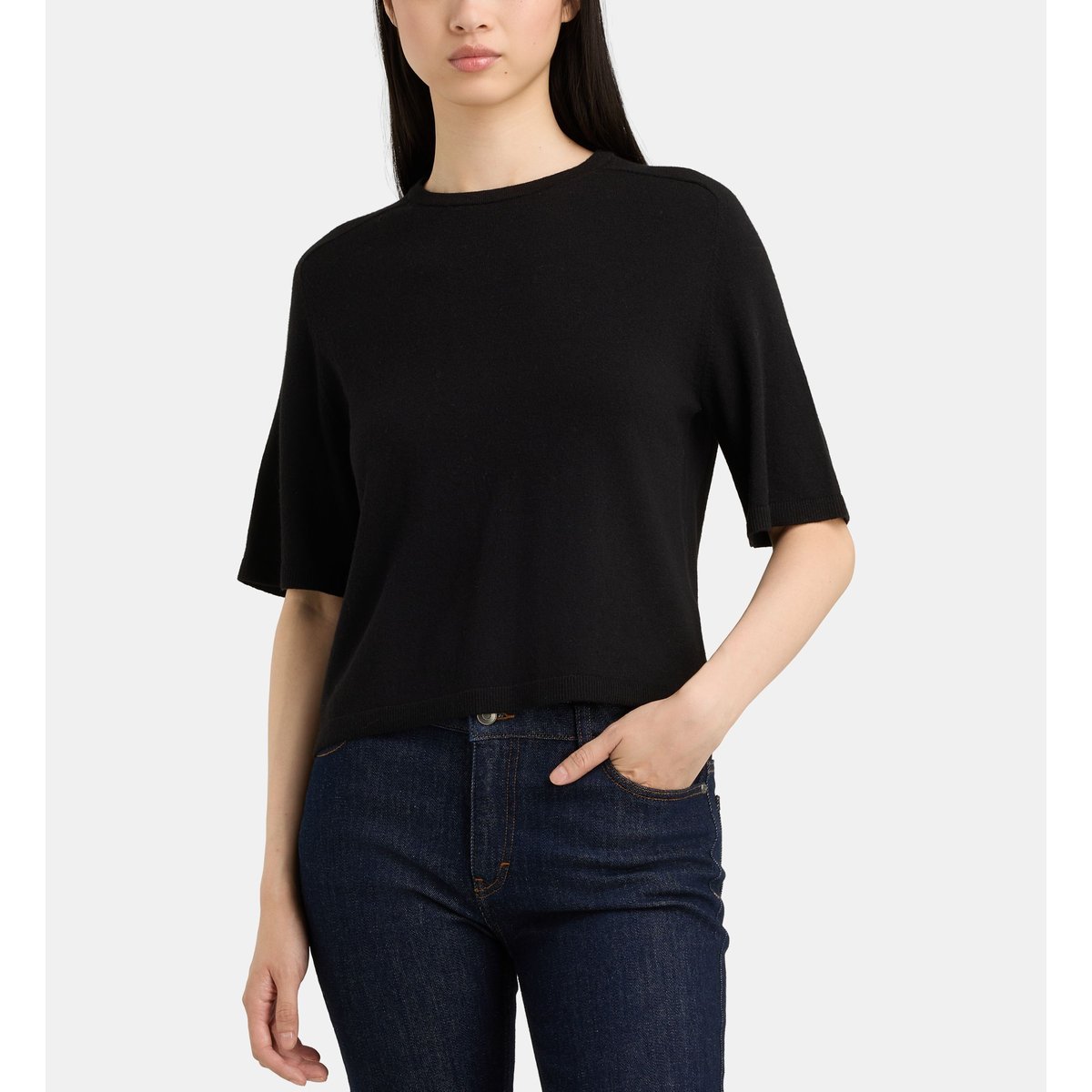 Pull elsa crop ample fluide en laine noir, GALERIES LAFAYETTE