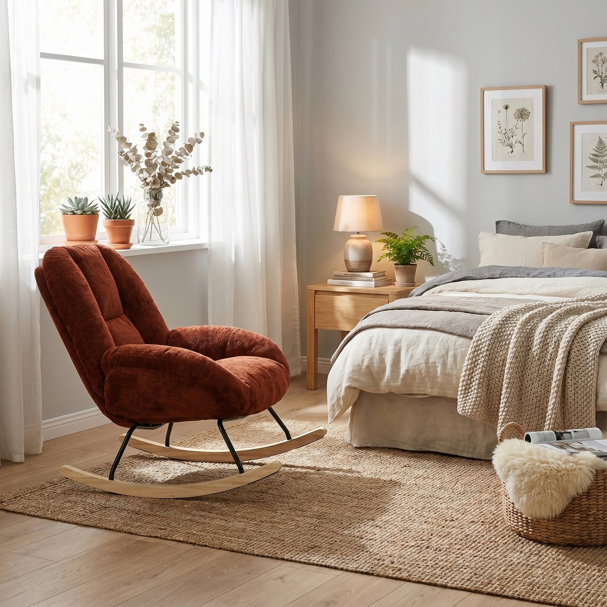 Fauteuil à bascule rocking chair en tissu chenille style scandinave, LITHOPS rouge, MEUBLES COSY