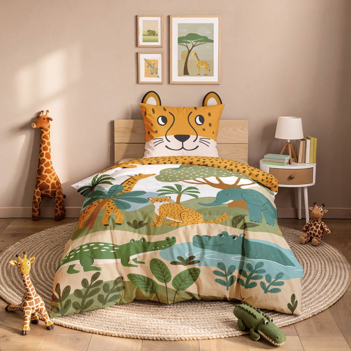 Parure de lit enfant 2 pièces 100 % coton imprimé animaux de la jungle housse + taie jaune, DOUCEUR D'INTÉRIEUR
