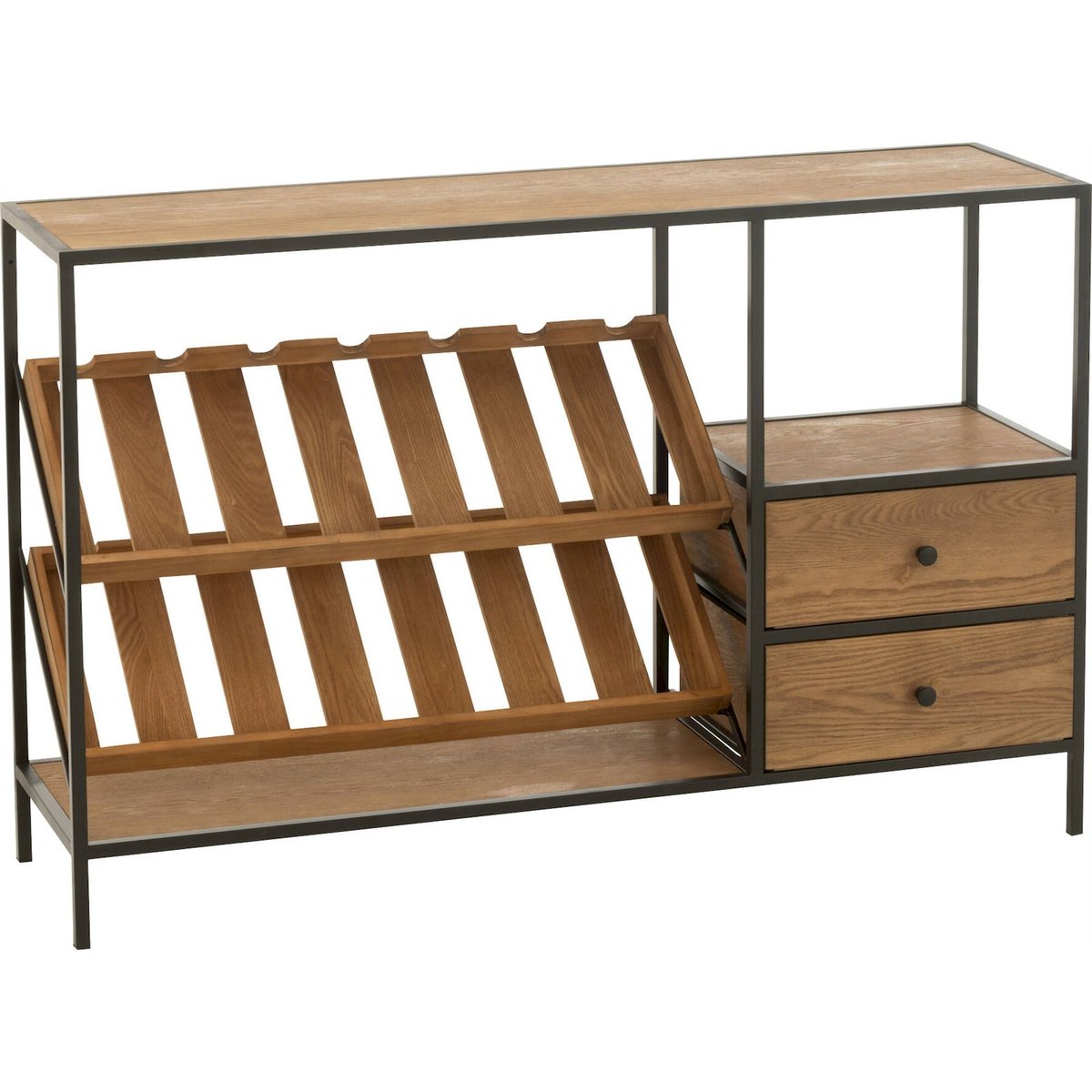 Meuble bar rectangulaire en bois avec rangement bouteilles bois naturel et métal noir, RECOLLECTION