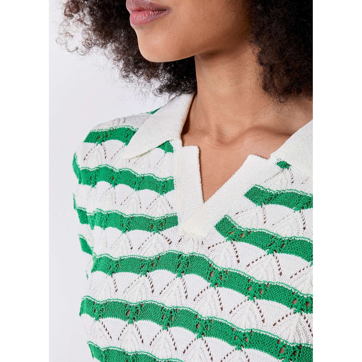 Polo maille fantaisie à rayures BLANCHE vert et blanc, PRINCESSE NOMADE